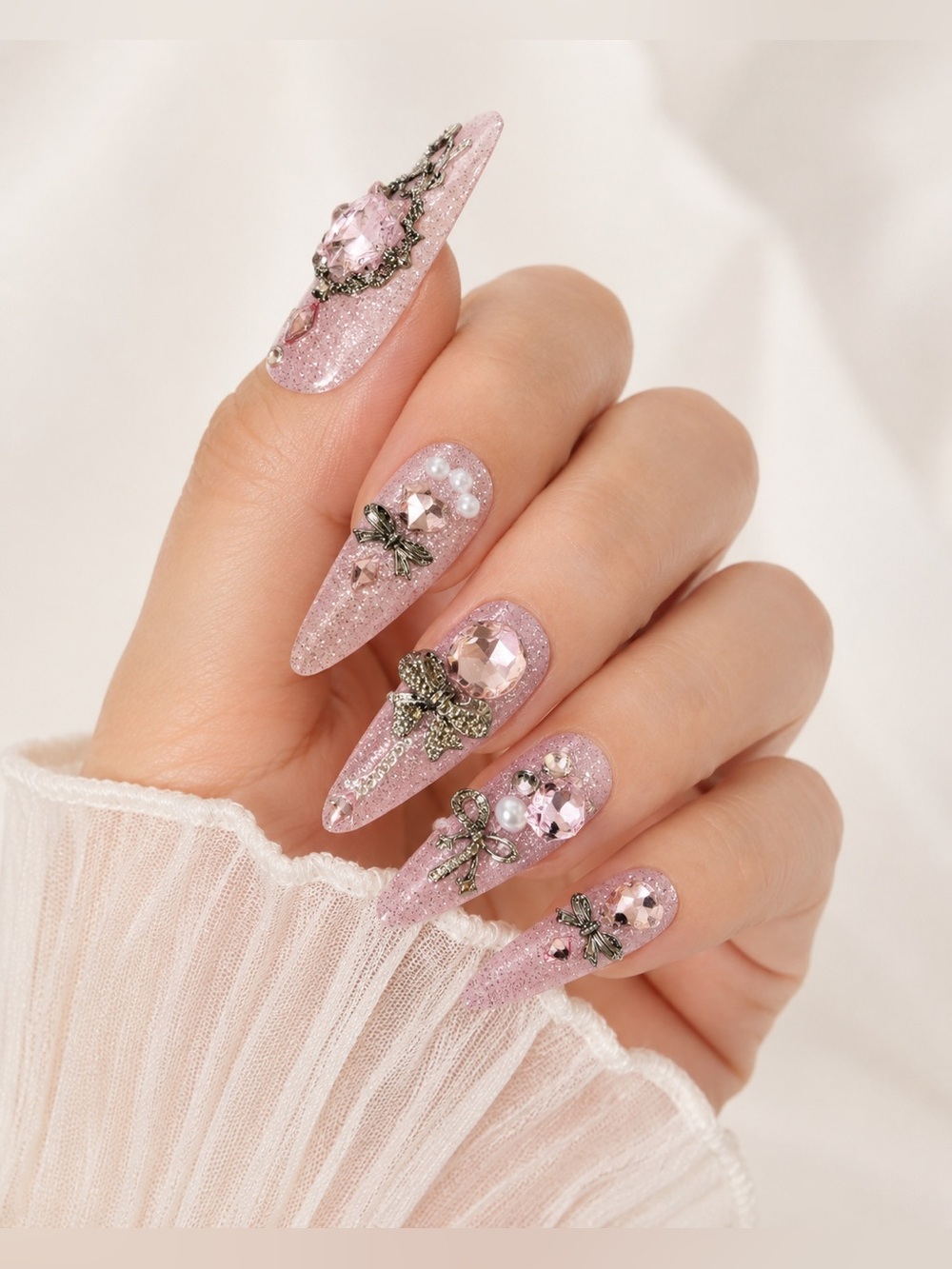 Pink Glitter Rhinestone Bow Press On Nails | Luxury Kawaii 3D Nail Set size:S